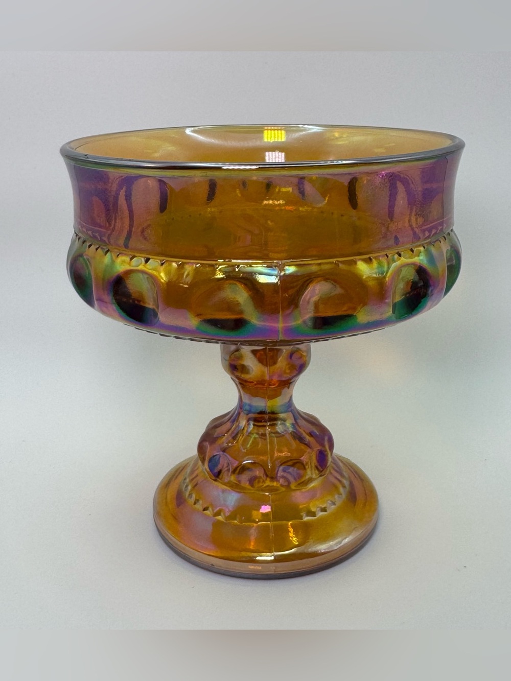 Vintage Amber Carnival Glass Pedestal Compote Iridescent Pressed Glass Candy